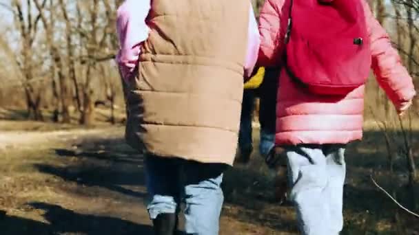 Altı Pozitif Çocuk Oğlanlar Kızlar Ele Tutuşan Kaçan Canavarlar Ormanda — Stok video