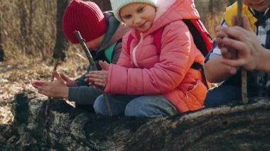 Çocuklar ateş yakmak için kütüğe oturup dal çeviriyorlar. Sıcak bir sonbahar günü ormanda yürüyüş. Boş zaman aktivitesi, çocukluk, arkadaşlık, aktif yaşam tarzı, eğlence konsepti