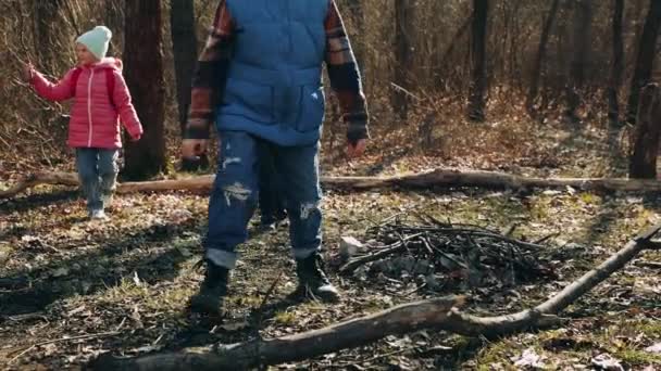 Pozytywne Wesołe Dzieci Chłopcy Dziewczęta Wędrujący Ciepły Jesienny Dzień Lesie — Wideo stockowe