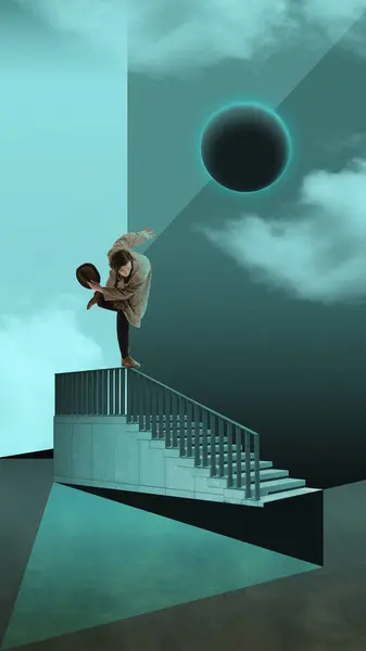 Person Balancing Staircase Railing Eclipse Abstract Geometric Shapes Contemporary Art — Stock Photo, Image