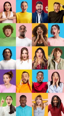 Farklı yaş, cinsiyet ve uyruktan pozitif insanların çok renkli arka plandaki portrelerinden yapılmış kolaj. Şok ve heyecan. İnsani duygular, çeşitlilik, gençlik, mutluluk kavramı
