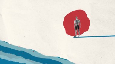 Hareket etmeyi, animasyonu durdurun. Minimalizm. Erkek yüzücü, geometrik elementlerle izole bir şekilde kuleden atlıyor. Spor, yarışma konsepti. Yaz su sporları. Retro biçimi