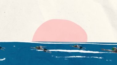 Hareket etmeyi, animasyonu durdurun. Minimalizm. Ön tarafta yüzen erkek yüzücü arka planda geometrik elementlerle yüzüyor. Spor, yarışma konsepti. Yaz su sporları. Çağdaş sanat