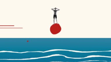 Hareket etmeyi, animasyonu durdurun. Erkek yüzücü geometrik elementlerle izole bir zeminden atlamaya hazırlanıyor. Modern tasarım. Spor, yarışma konsepti. Yaz su sporları. Çağdaş sanat