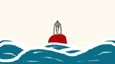 Başlangıç çizgisinde. Hareket etmeyi, animasyonu durdurun. Erkek yüzücü geometrik elementlerle izole bir zeminden atlamaya hazırlanıyor. Modern tasarım. Spor, yarışma konsepti. Yaz sporları.