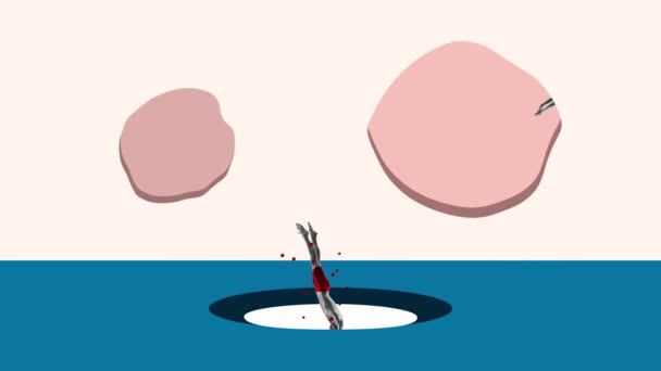 Stop Beweging Animatie Minimalisme Surrealisme Professionele Zwemmer Springen Getrokken Blauw — Stockvideo