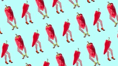 Hareket etmeyi, animasyonu durdurun. Erkek bacakları, arka planda kırmızı biberli topuklular giyiyor. Sebze diyeti. Vejetaryenler. Sanat, yaratıcılık, yemek, tasarım, sağlıklı beslenme kavramı. Soyut yaratıcı