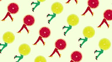 Hareket etmeyi, animasyonu durdurun. Limon, limon ve greyfurt gibi parlak taytlı kadın bacakları. Tatlı ve ekşi kokteyl. Sanat kavramı, yaratıcılık, yemek, tasarım, sürrealizm. Soyut yaratıcı tasarım