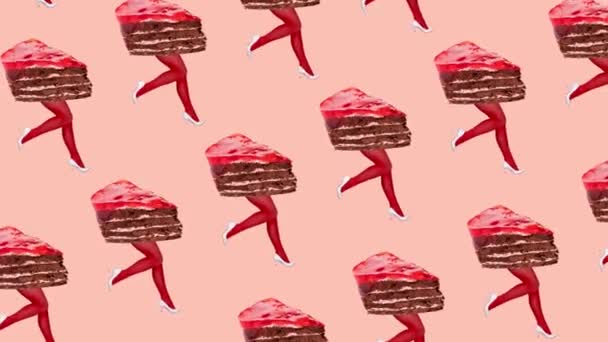 Зупинити Рух Анімацію Жіночі Ноги Червоних Колготках Смачним Тілом Торта — стокове відео