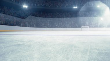 3 boyutlu hokey arenası bulanık fan bölgesi, el fenerleri. Yarışmadan önce boş buz pateni pisti. Spor, rekabet, maç, oyun, aksiyon, turnuva kavramı