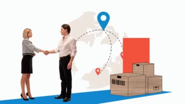 Karton kutuların önünde arka planda dünya haritası olan kadın ve erkek el sıkışıyor. Küresel lojistik işbirliği. Lojistik, dünya çapında nakliye ve teslimat hizmetleri. Hareketi durdur, animasyonu durdur