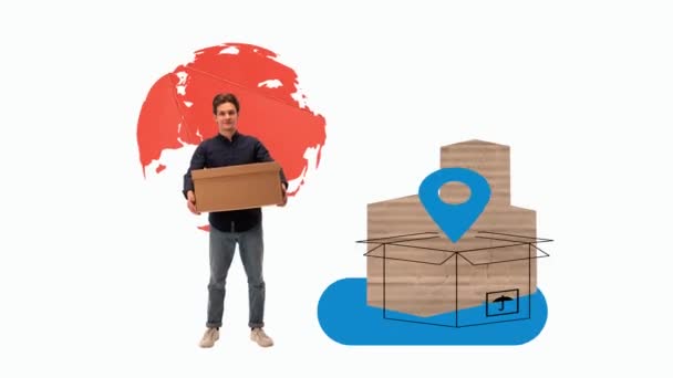 男人拿着装有世界地图和位置标识的纸板箱 全球在线零售的增长 物流概念 全球航运和交付服务 停止运动 — 图库视频影像
