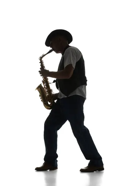 Silhouette Man Classical Suit Playing Saxophone Isolated White Background Black — Stock Photo, Image
