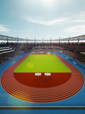 Seyircilerle dolu 3 boyutlu güneşli stadyum, atletizm pisti ve spor sahası sergileniyor. Gündüz vakti açık hava oyunu. Hava görüntüsü. Spor kavramı, rekabet, canlı maç, turnuva