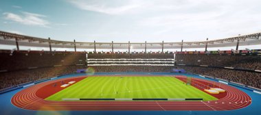Seyircilerle dolu 3 boyutlu güneşli stadyum, bir atletizm pisti ve spor sahası sergiliyor. Gündüz vakti açık hava oyunu. Hava görüntüsü. Spor kavramı, rekabet, canlı maç, turnuva