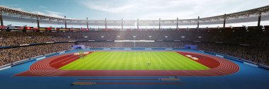 Spor sahasının 3 boyutlu görüntüsü, tribünlerle dolu açık hava stadyumu. Gündüz vakti oyun etkinliği. Hava görüntüsü. Spor kavramı, rekabet, canlı maç, turnuva