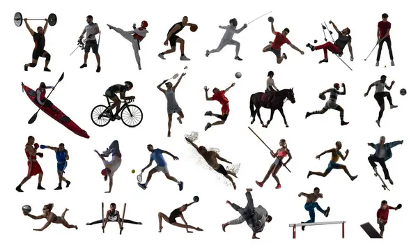 Colagem Feita Homens Mulheres Atletas Treinamento Movimento Desportistas Vários Tipos — Fotografia de Stock