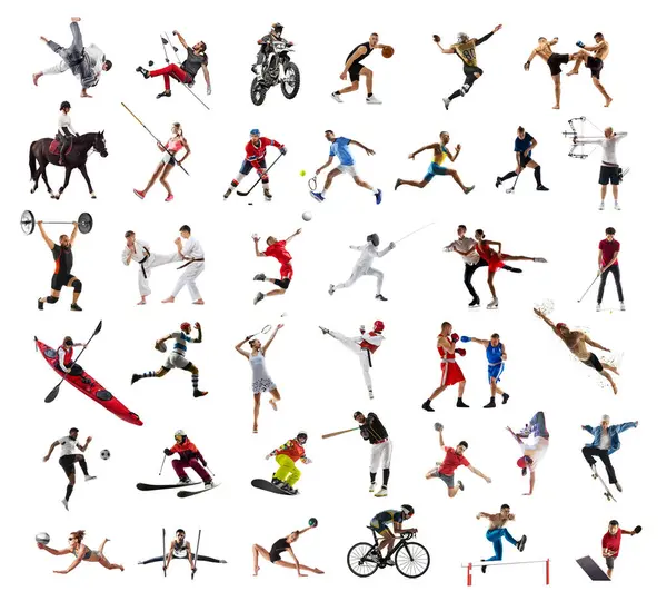 Colagem Atletas Diferentes Esportes Homens Mulheres Movimento Treinando Isolados Fundo — Fotografia de Stock