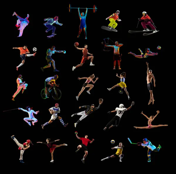 Colagem Feita Pessoas Diferentes Homens Mulheres Atletas Diferentes Esportes Movimento — Fotografia de Stock