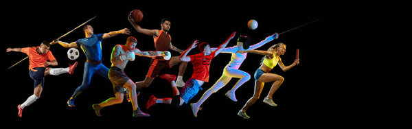 Creative collage with different athletes of various sports, men and women in motion over black background. Banner. Concept of professional sport, competition, championship, game, dynamics