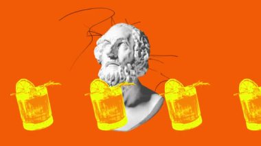 Erkek antika heykel büstü ve parlak turuncu arka planda Negroni güçlü alkol kokteyli. Hareket etmeyi, animasyonu durdurun. Parti anlayışı, sürrealizm, alkol içecekleri. Pop sanat. Gürültü, kumlu etki