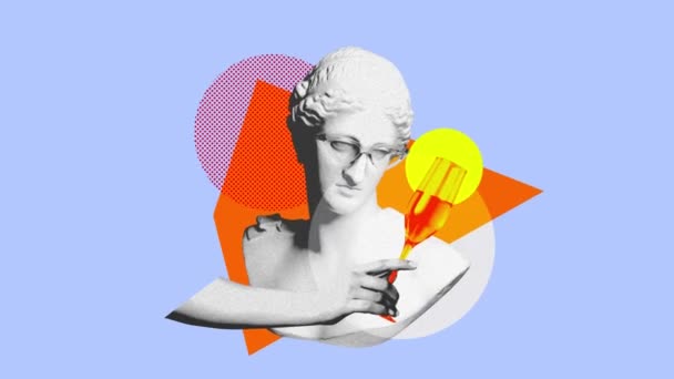Zabytkowe Popiersie Posągu Okularach Koktajl Szampana Abstrakcyjnym Fioletowym Tle Zatrzymaj — Wideo stockowe