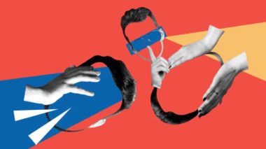 Çok renkli arka planda farklı insanların yüzsüz kafa şekilleri. Gizli duygular ve kişilik. Hareket etmeyi, animasyonu durdurun. Psikoloji kavramı, iç dünya, akıl sağlığı, sosyal konular