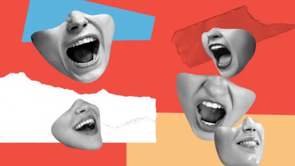 女性嘴表达情感 在五颜六色的背景上大喊 情绪紧张 停止运动 内心世界 精神健康 操控的概念 — 图库视频影像