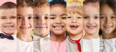 Farklı yaş ve milliyetten farklı çocuklar ve kızlardan oluşan neşeli ifadeli kolaj. Yakın plan portreler. Çocukluk kavramı, çocuk duyguları, yaşam tarzı, arkadaşlık
