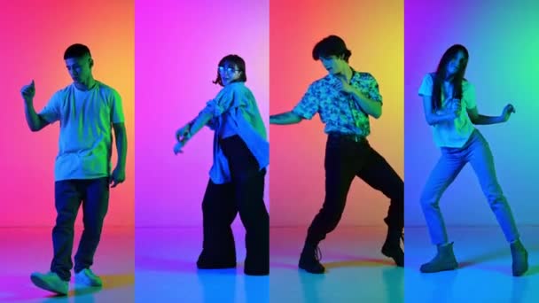 Повнометражний Колаж Молоді Чоловіки Жінки Стильному Повсякденному Одязі Русі Танцюють — стокове відео