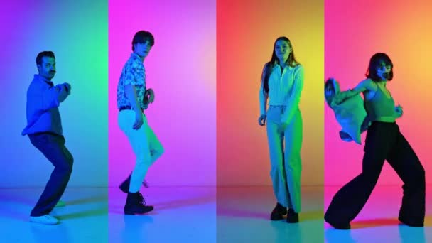 Energiska Ungdomar Män Och Kvinnor Tillfälliga Kläder Rörelse Dansar Mot — Stockvideo