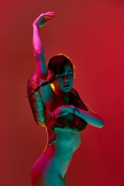 İnce vücutlu, güzel, genç, çıplak bir kadın. Kırmızı stüdyo ışıklarında yılanla poz veriyor. Gizemli ruh. Kadın güzelliği kavramı, hayvan teması, özen, zarafet, moda