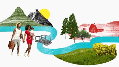 Contemporary art collage. Family, man, woman and little baby with picnic basket, mountain scenery and rural landscape. Concept of vacation, travelling, leisure time, holiday clipart