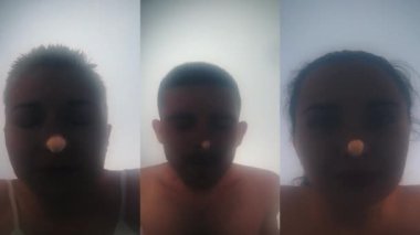 Kolaj. Erkekler ve kadınlar suya dalıyor ve duygularının çeşitliliğini ifade ediyorlar. Gülümsüyor, konuşuyor, komik yüzler gösteriyor. İnsan duyguları kavramı, yüz ifadesi