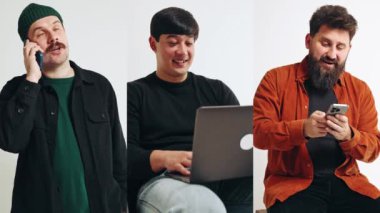 İş, iletişim ve rahatlama için cep telefonu ve laptop kullanan üç adamdan oluşan bir kolaj. Sosyal medya kayıyor, konuşuyor ve online çalışıyor. Alet kavramı, modern teknolojiler.
