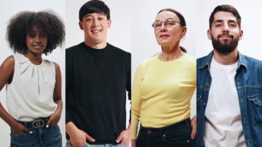 Farklı yaş, cinsiyet ve milliyetten insanlardan oluşan kolaj beyaz arka plana karşı olumlu duygular gösteriyor. İnsan duyguları kavramı, yaşam tarzı, moda ifadesi