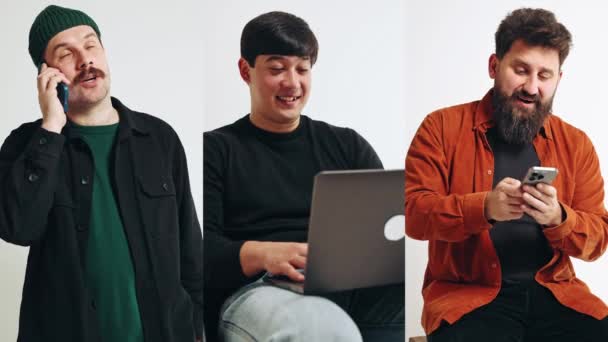 Collage Hecho Tres Hombres Que Utilizan Teléfono Móvil Portátil Para — Vídeo de stock