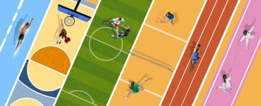 Yaratıcı renkli kolaj. Hareket halindeki çeşitli sporların farklı insanlarının havadan görünüşü, çeşitli spor geçmişleri ve stadyumlarda antrenman. Spor kavramı, yaratıcılık, rekabet, turnuva.