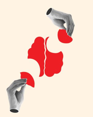 Beyin fırtınası. Beyin sembolüne bulmaca eklemek, proje geliştirme ve girişimin verimli bir şekilde başlaması anlamına geliyor. Çağdaş sanat kolajı. İş, ofis, takım çalışması kavramı