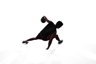 Top view image, silhouette of man, basketball player in motion during game, training, playing isolated on white background. Concept of professional sport, competition, game, tournament, action clipart