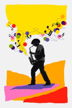 Beyaz arka planda renkli tasarım unsurlarıyla saksafon çalan bir adamın silueti. Çağdaş sanat kolajı. Müzik festivali kavramı, yaratıcılık, ilham, sanat, etkinlik. Poster