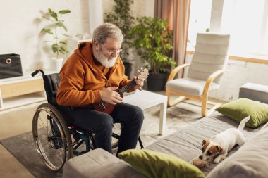 Evde, sıcak bir oturma odasında tekerlekli sandalyede oturan ve kanepede oynayan küçük bir köpeğin önünde gitar çalan kıdemli pozitif adam. Sağlık, yaşam tarzı, sağIık, güçlendirme kavramı