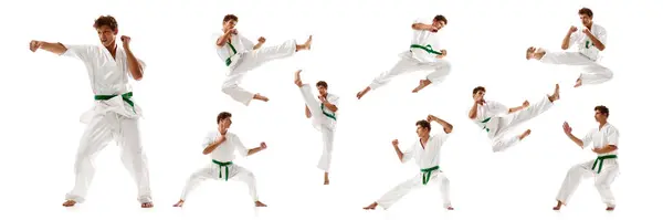 Collage Giovane Kimono Con Campana Verde Che Pratica Karate Isolato — Foto Stock