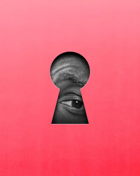 Male Eye Looking Keyhole Pink Background Boundary Known Unknown Contemporary — Stock Photo, Image