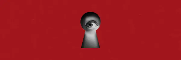 Female Eye Looking Keyhole Red Background Contemporary Art Evoking Feelings — Stock Photo, Image