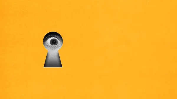 Wide Open Female Eye Looking Keyhole Yellow Background Contemporary Art — Stock Photo, Image
