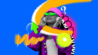 Hipster trendleri. Modayı takip eden güneş gözlüğü, kulaklık ve günlük kıyafetler giyen genç bir kadın. Rahatlatıcı. Çağdaş sanat kolajı. Modern moda kavramı, yaratıcı, gençlik, tarz. Canlı tasarım