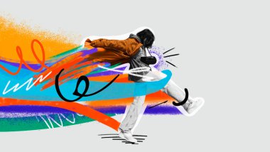 Moda enerjisi. Genç kadın günlük kıyafetlerle sokak tarzı kıyafetleri birleştiriyor. Giysilerin özgüven ve kendini ifade etme üzerindeki etkisi. Çağdaş sanat kolajı. Modern moda, yaratıcı, gençlik, tarz kavramı