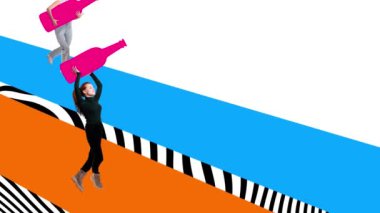 Acelem var. Genç kızlar alkol partisine gidiyor, şarap taşıyor, koşuyor, eğleniyorlar. Çağdaş yaratıcı sanat. Hareket etmeyi, animasyonu durdurun. İlham, fikir, dergi tarzı, moda ve sürrealizm.