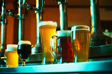 Bar tezgahında bira bardakları farklı bira çeşitleriyle dolu, tat çeşitliliğini gösteriyor. Bira, alkol, bira fabrikası, bar atmosferi, tat.